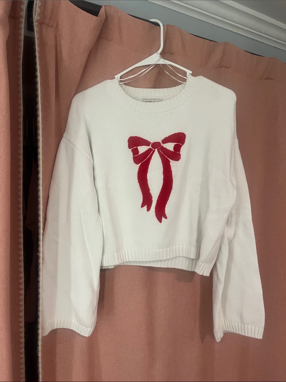 White Knit Sweater with Red Bow Detail - Women's